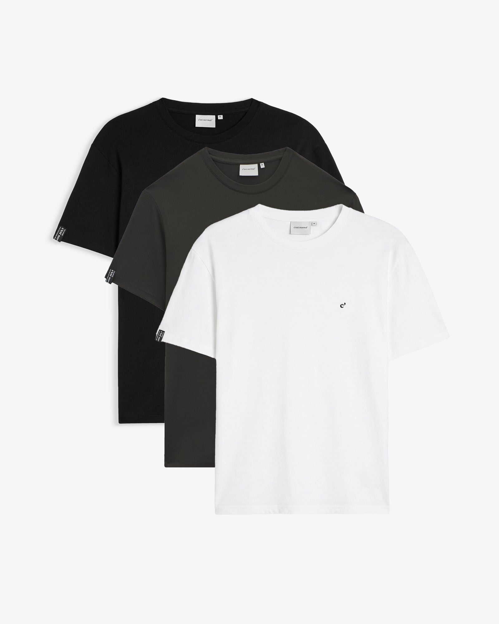 The Forever T-Shirt 3-Pack in black, charcoal and white — folded together displaying all three colours