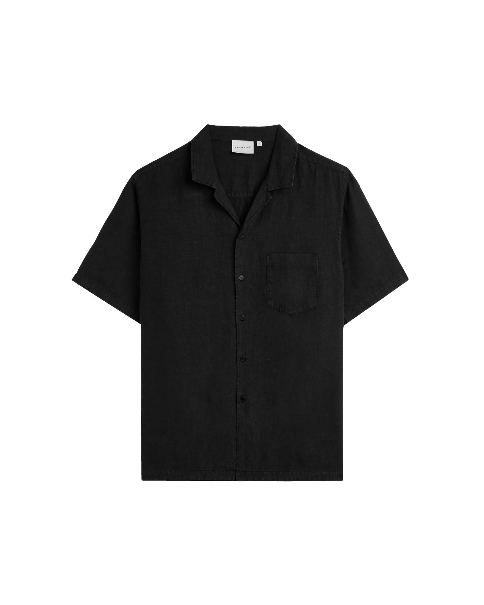 The Holiday Linen SS Shirt in black — front view against a white background