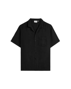 The Holiday Linen SS Shirt in black — front view against a white background