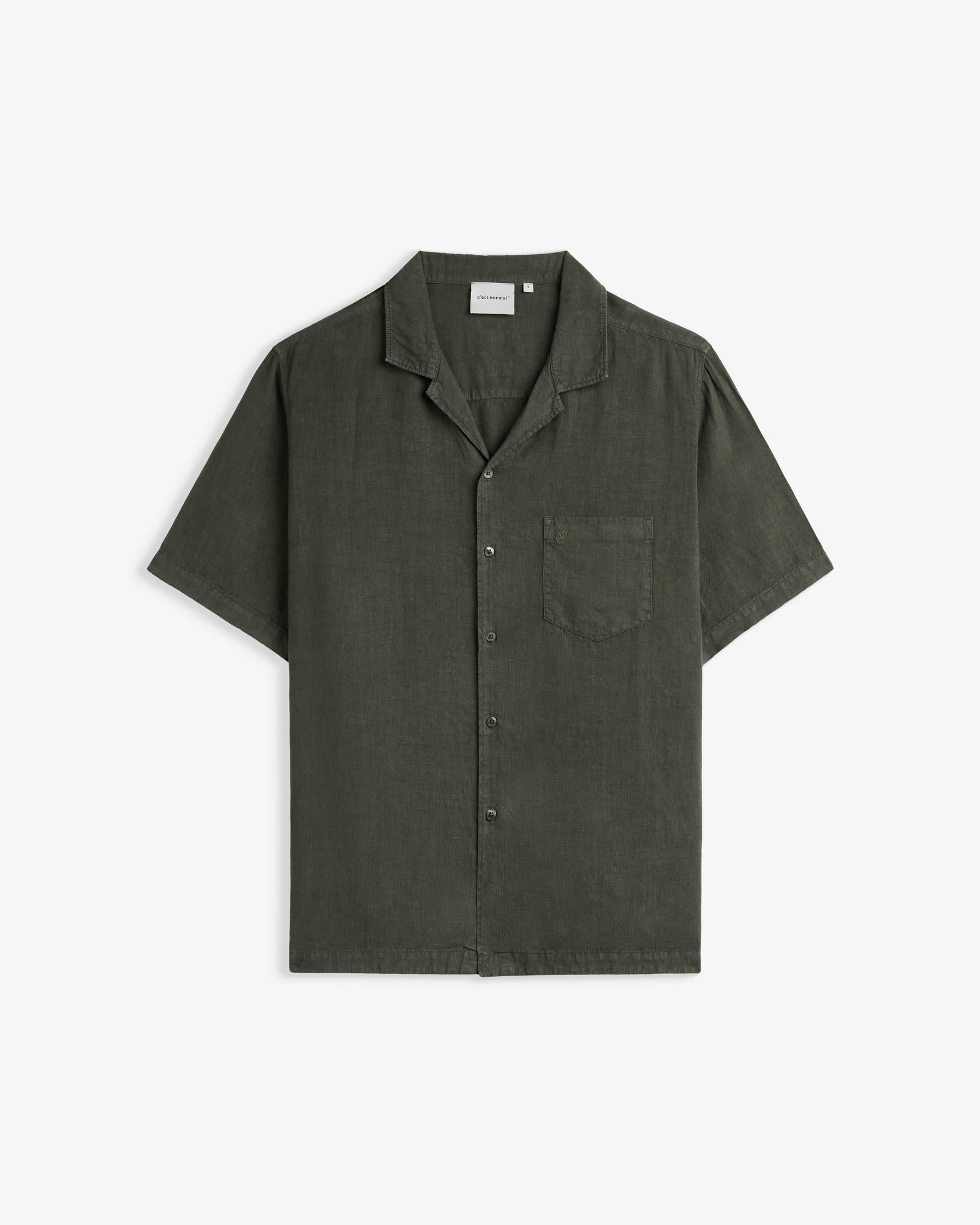 The Holiday Linen SS Shirt in dark khaki — front view against a white background