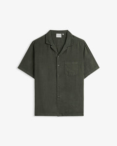 The Holiday Linen SS Shirt in dark khaki — front view against a white background