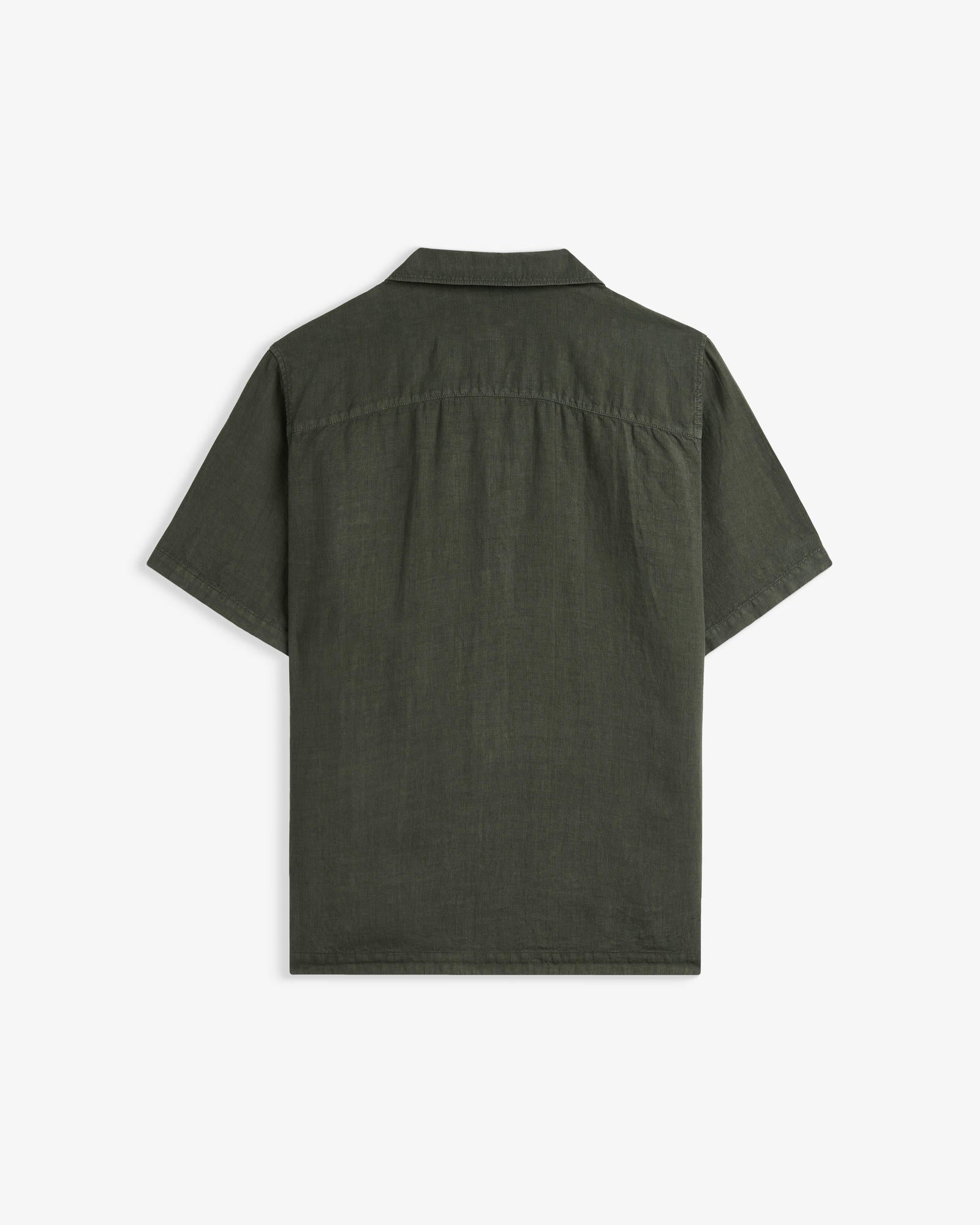 The Holiday Linen SS Shirt in dark khaki — back view against a white background