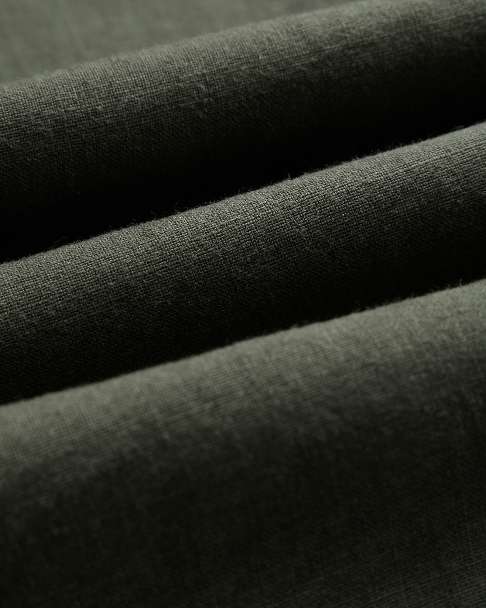 The Holiday Linen SS Shirt in dark khaki — close-up of the textured linen fabric