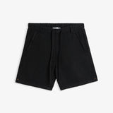 The Holiday Linen Short in black — front view featuring drawstrings and side pockets