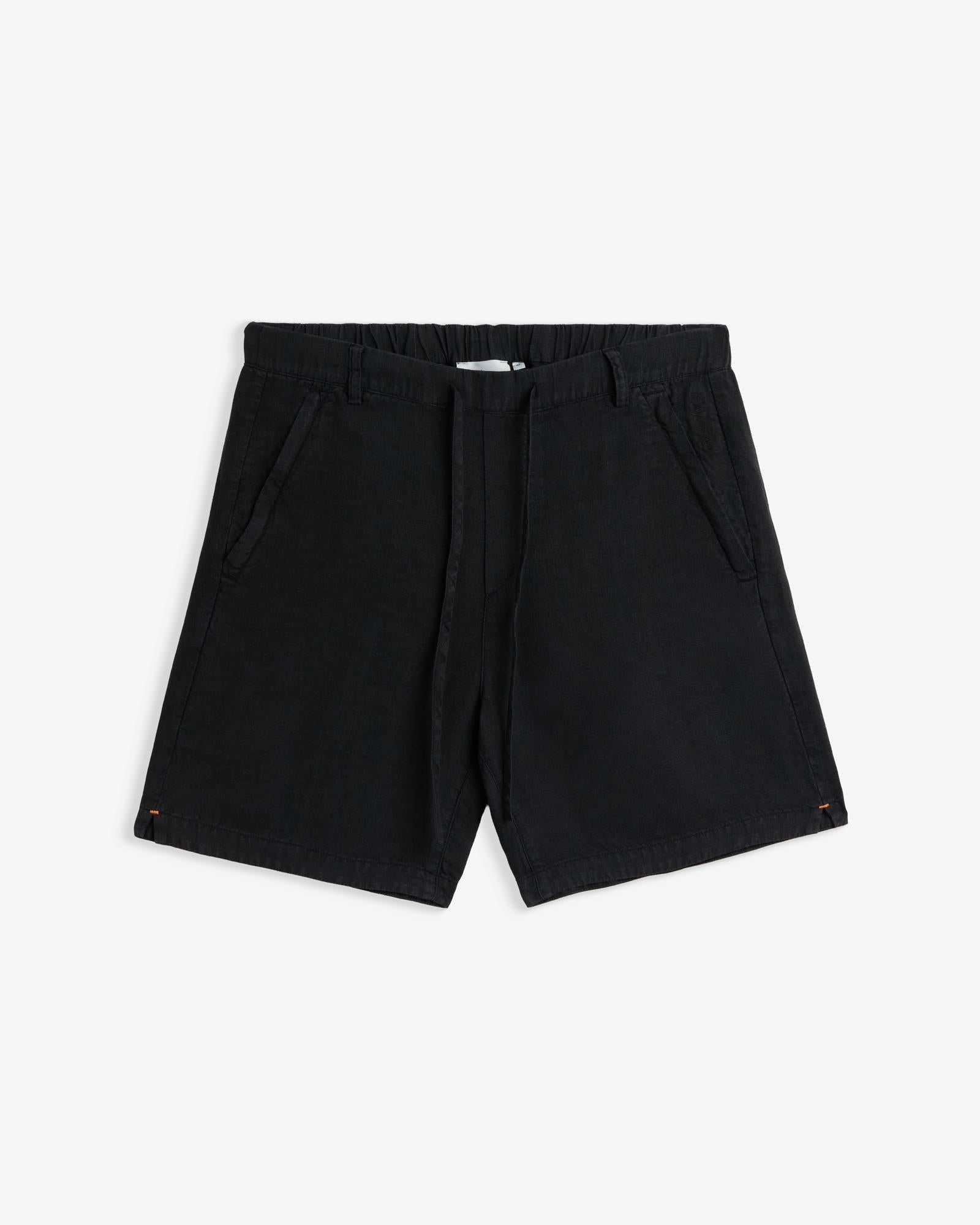 The Holiday Linen Short in black — front view featuring drawstrings and side pockets