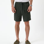 The Holiday Linen Short in dark khaki — front view with drawstring waist