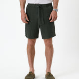 The Holiday Linen Short in dark khaki — front view with drawstring waist