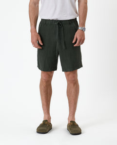 The Holiday Linen Short in dark khaki — front view with drawstring waist