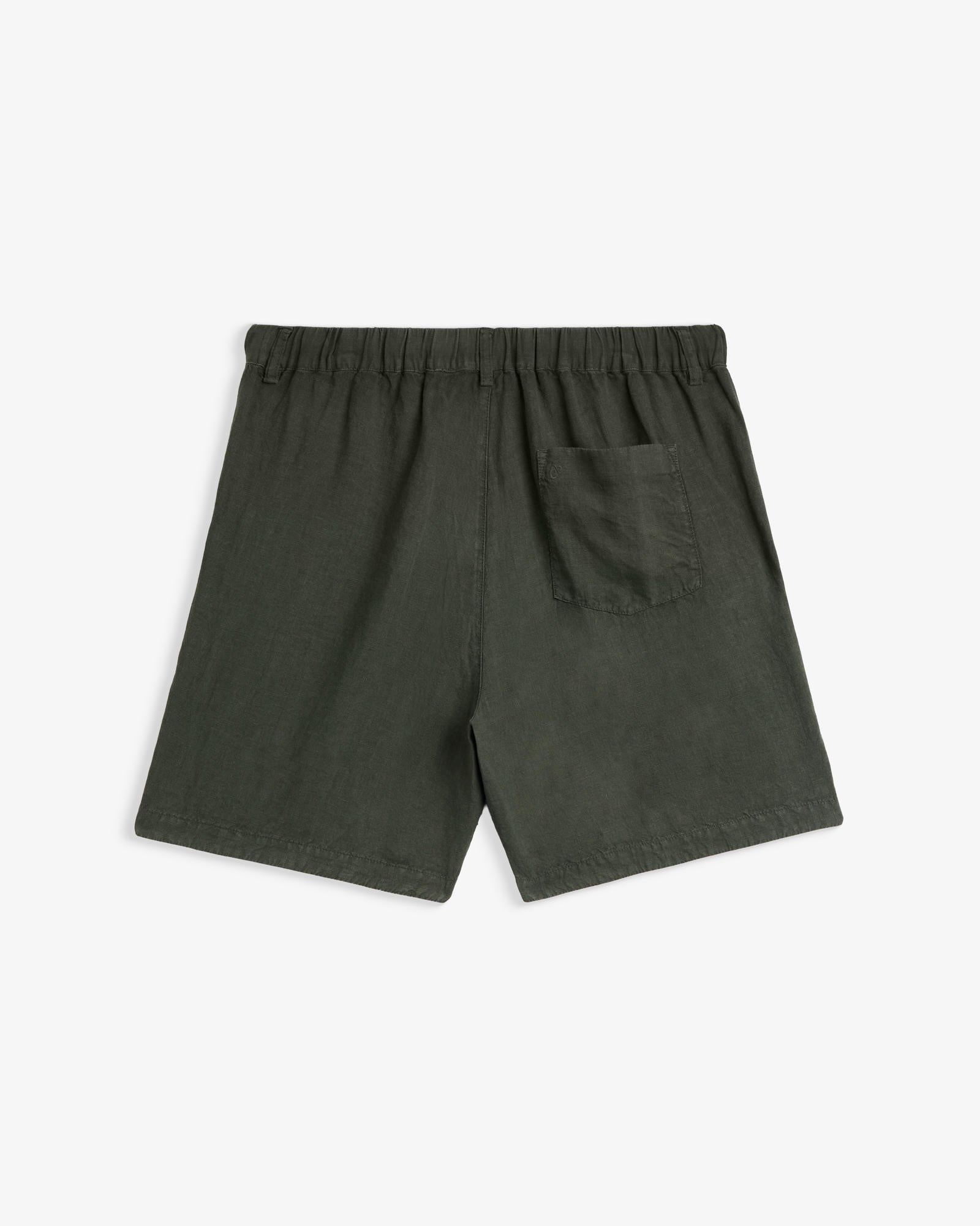 The Holiday Linen Short in dark khaki — back view against a white background