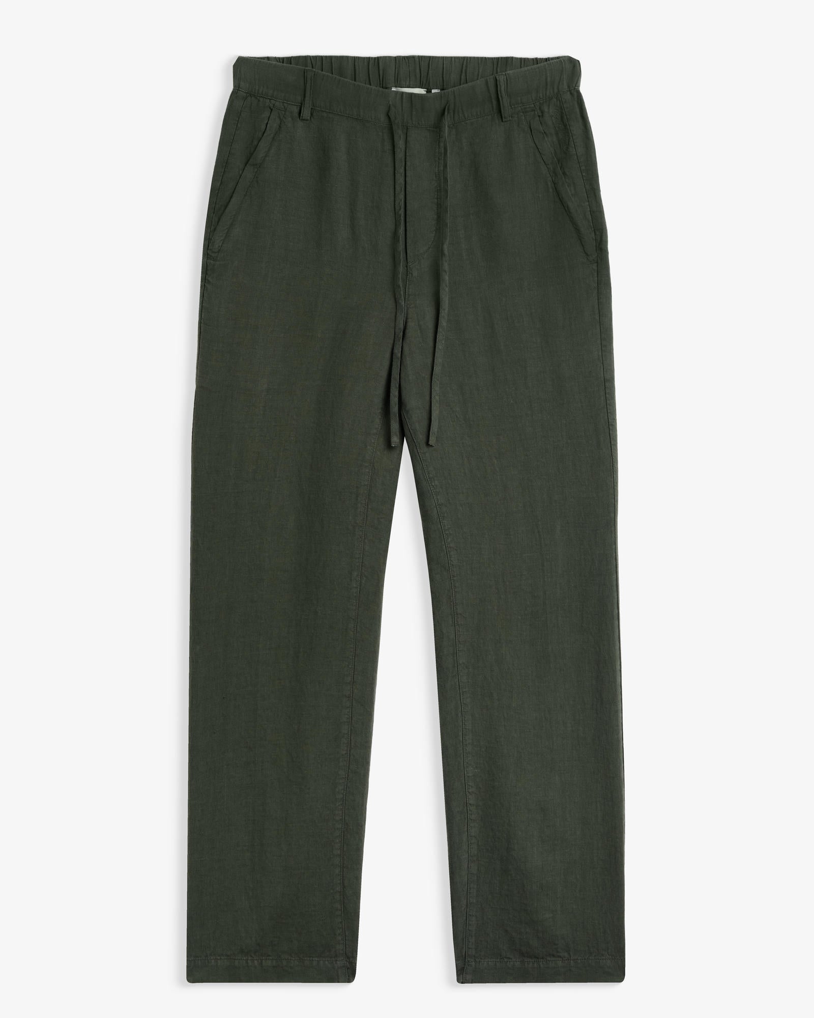 The Holiday Linen Trouser in dark khaki — front view against a white background