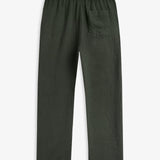 The Holiday Linen Trouser in dark khaki — back view with elastic waistband and single pocket
