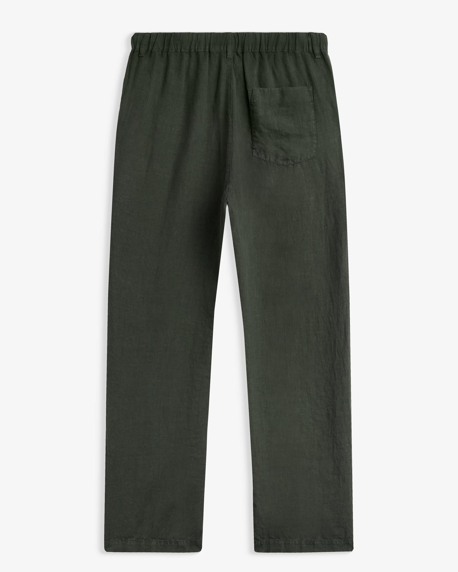 The Holiday Linen Trouser in dark khaki — back view with elastic waistband and single pocket