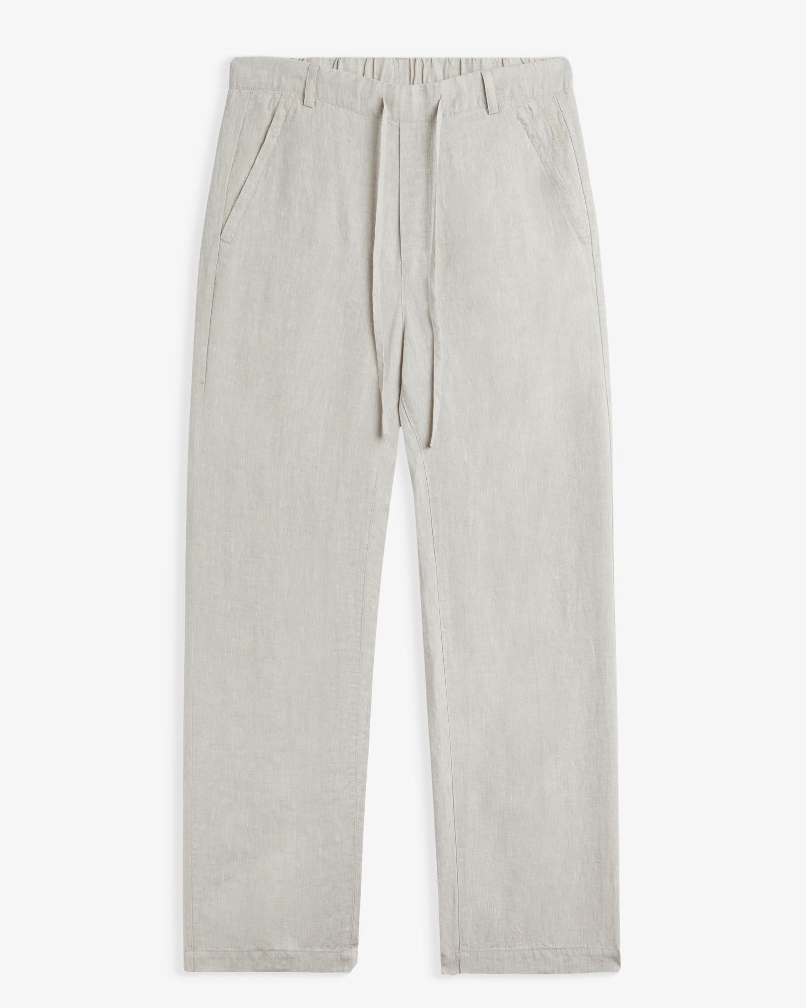 The Holiday Linen Trouser in natural — front view showing the drawstring waist