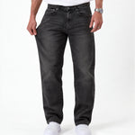 The Jeans Relaxed Straight Fit in faded black — front view demonstrating fabric stretch
