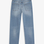 A back view of The Jeans Relaxed Straight Fit in Light Midwash, laid flat on a white background. The image highlights the two back pockets, the subtle orange accent stitching, and the rubber patch at the back waist with the c'est normal logo.