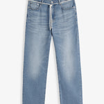 A front view of The Jeans Relaxed Straight Fit in light midwash, laid flat on a white background. The image highlights the front pockets, button closure, and a white drawstring at the waist.