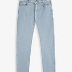 A front view of The Jeans Skinny Fit in Light Blue, laid flat on a white background. The image highlights the classic denim look with a custom shoelace belt and subtle orange accent stitching from c'est normal.