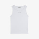 The Ribbed Tank Top in white — front view with the C'est normal script logo