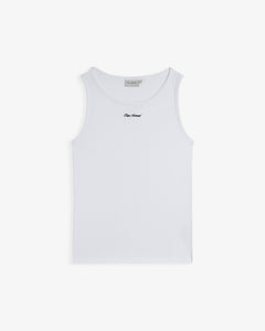 The Ribbed Tank Top in white — front view with the C'est normal script logo