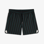 A front view of The Shorts in phantom stripe colorway, laid flat on a white background. The image highlights the elasticated waistband with a drawstring, side pockets, and notched hem.