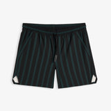 A front view of The Shorts in phantom stripe colorway, laid flat on a white background. The image highlights the elasticated waistband with a drawstring, side pockets, and notched hem.