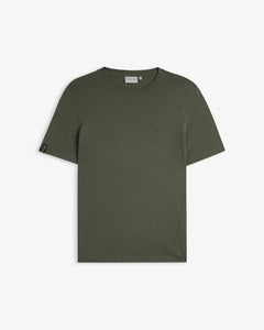 The Sanremo Linen Tee in Mulled Green — front view with tonal chest embroidery