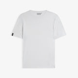 The Sanremo Linen Tee in white — front view showing the rib collar and tonal embroidery