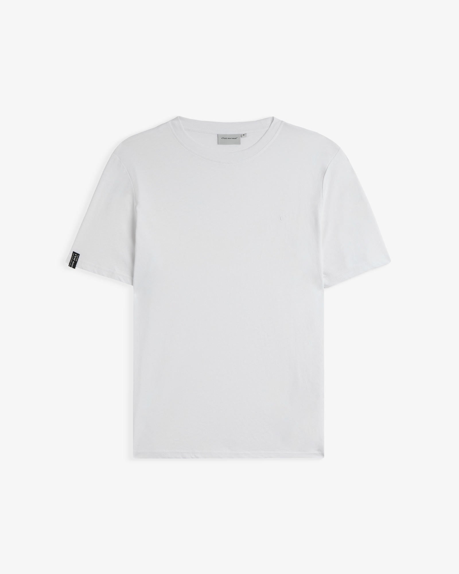 The Sanremo Linen Tee in white — front view showing the rib collar and tonal embroidery