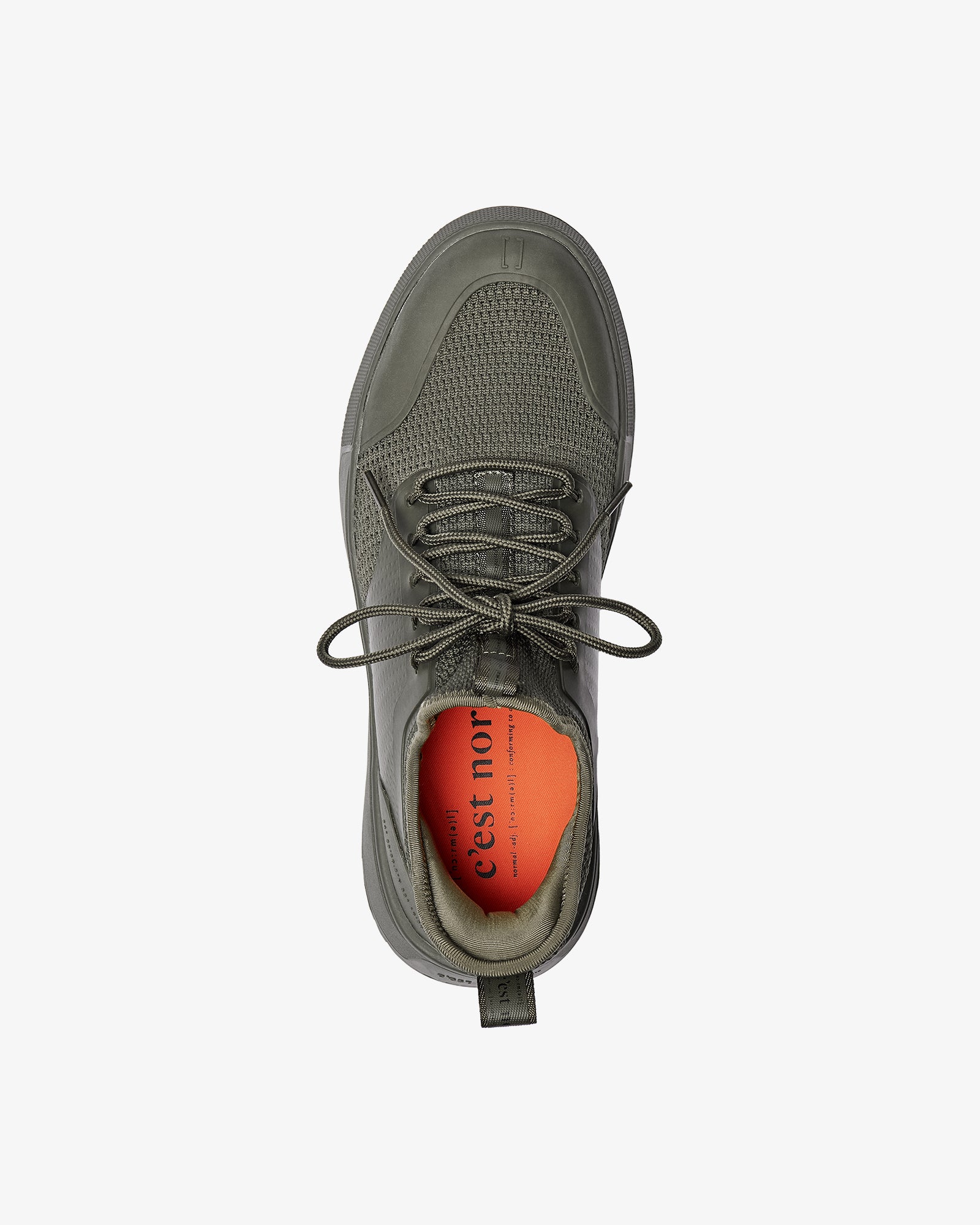 The Sneakers 2.0 in khaki — top-down view showing the mesh upper and orange insole