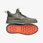The Sneakers 2.0 in khaki — side view showing the bright orange rubber sole grid