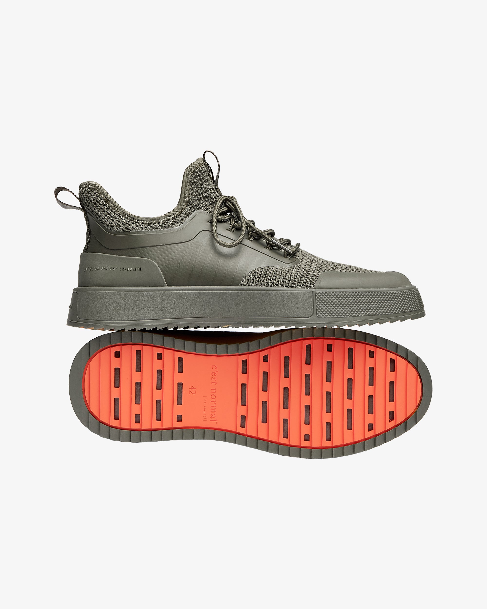 The Sneakers 2.0 in khaki — side view showing the bright orange rubber sole grid