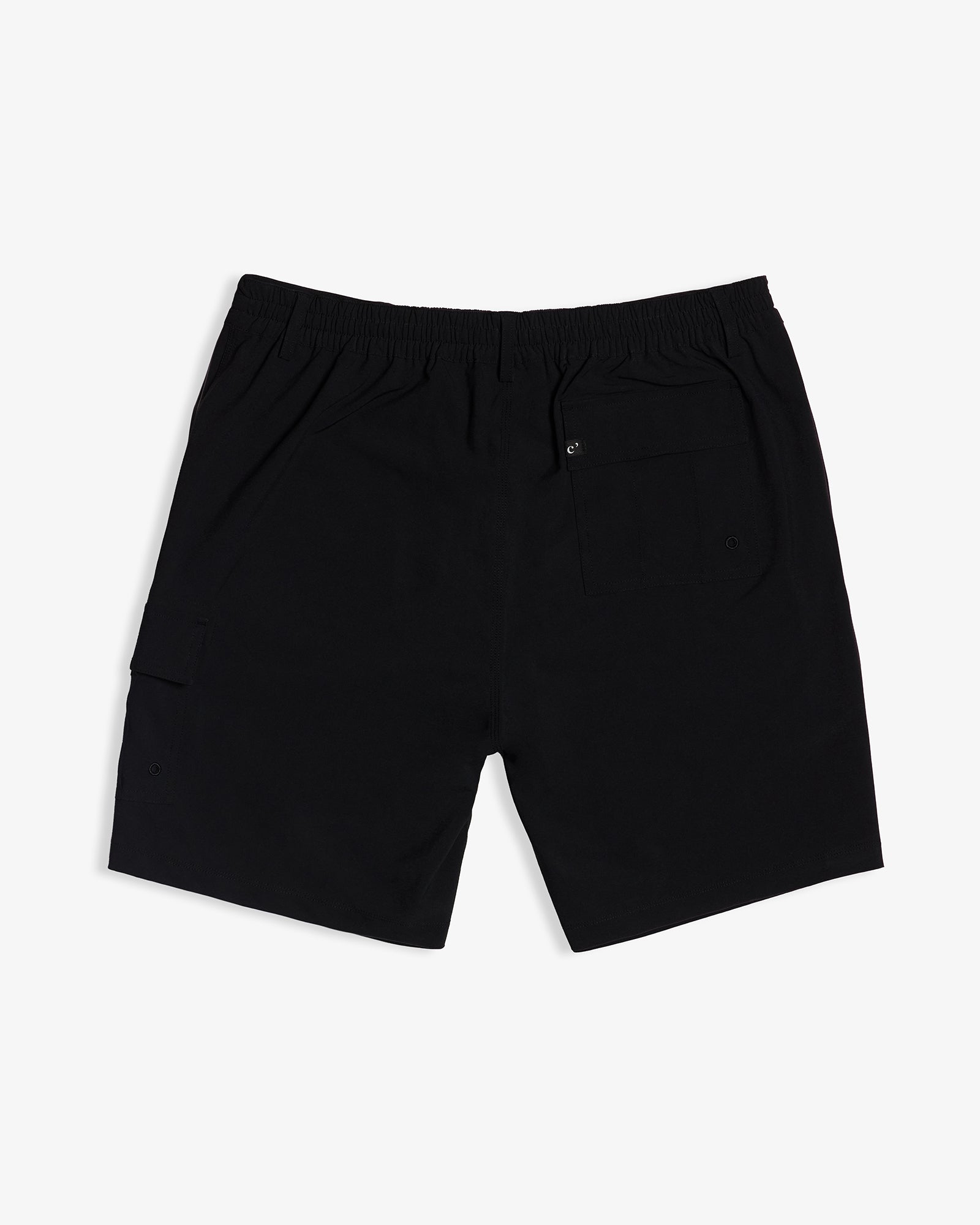 The Board Shorts in black — back view featuring the rear pocket and elasticated waistband