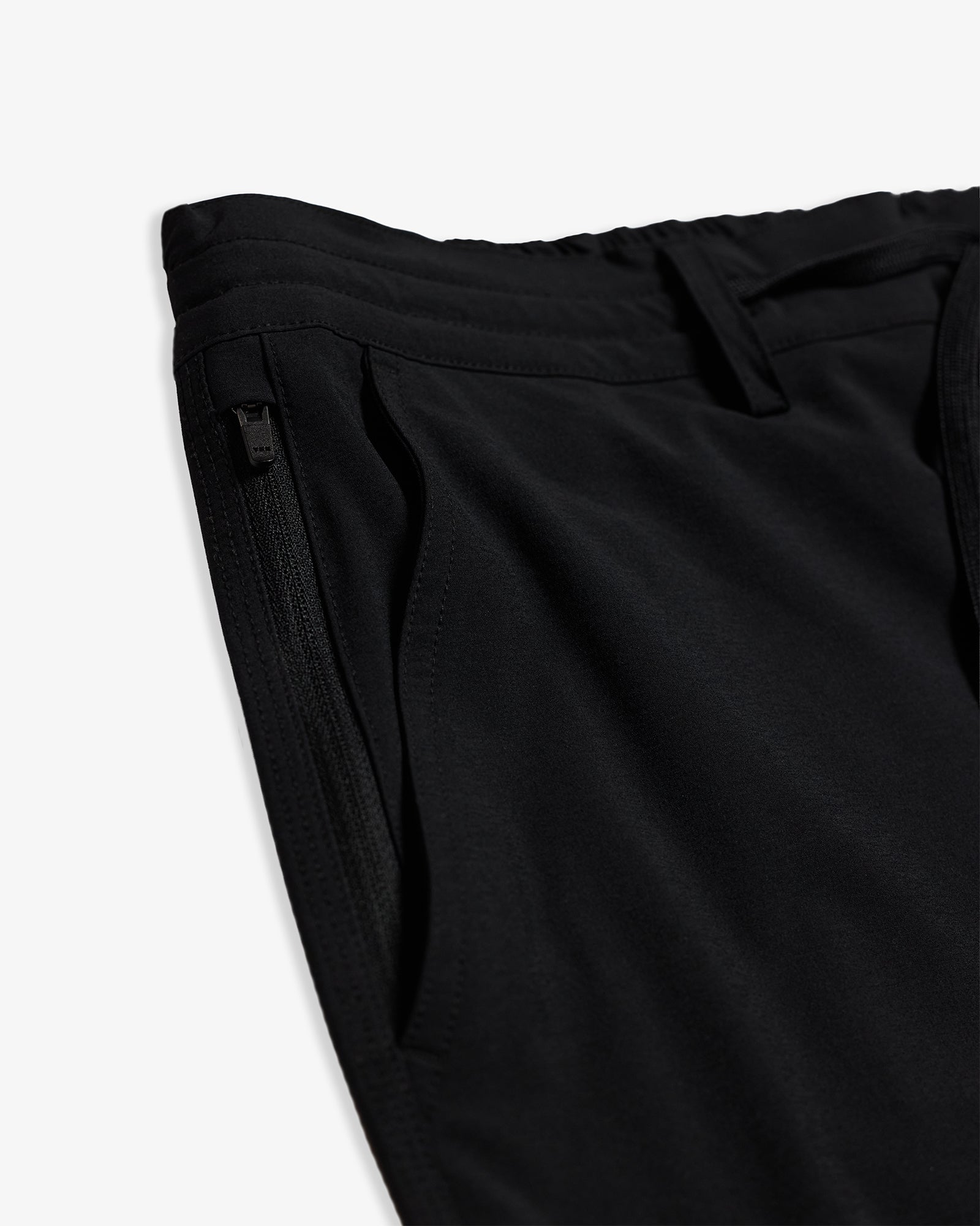 The Board Shorts in black — detail view of the zippered side pocket