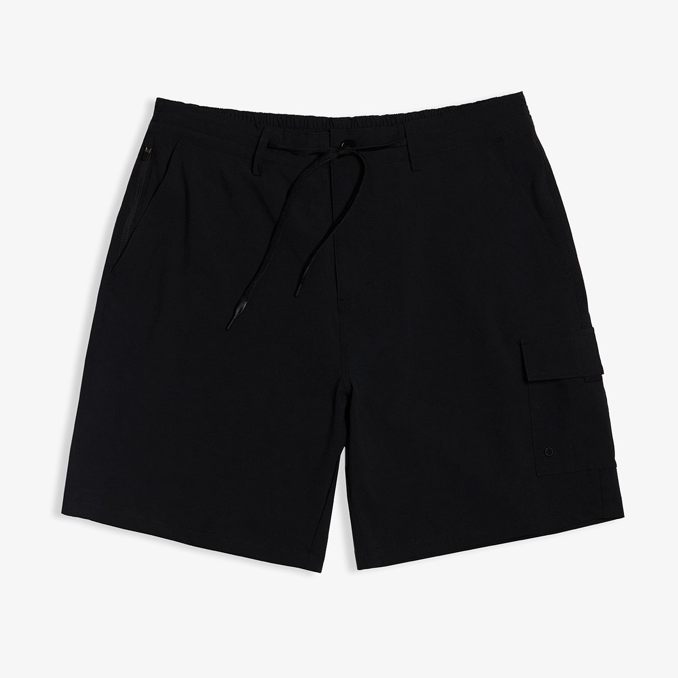 The Board Shorts in black — front view showing the drawstring and cargo pocket