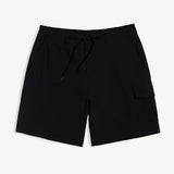 The Board Shorts in black — front view showing the drawstring and cargo pocket