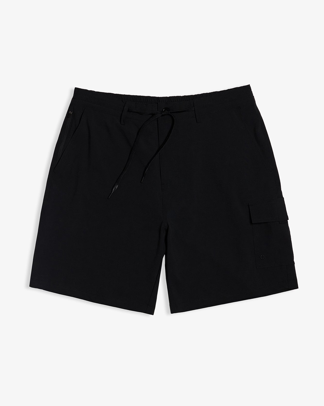 The Board Shorts in black — front view showing the drawstring and cargo pocket