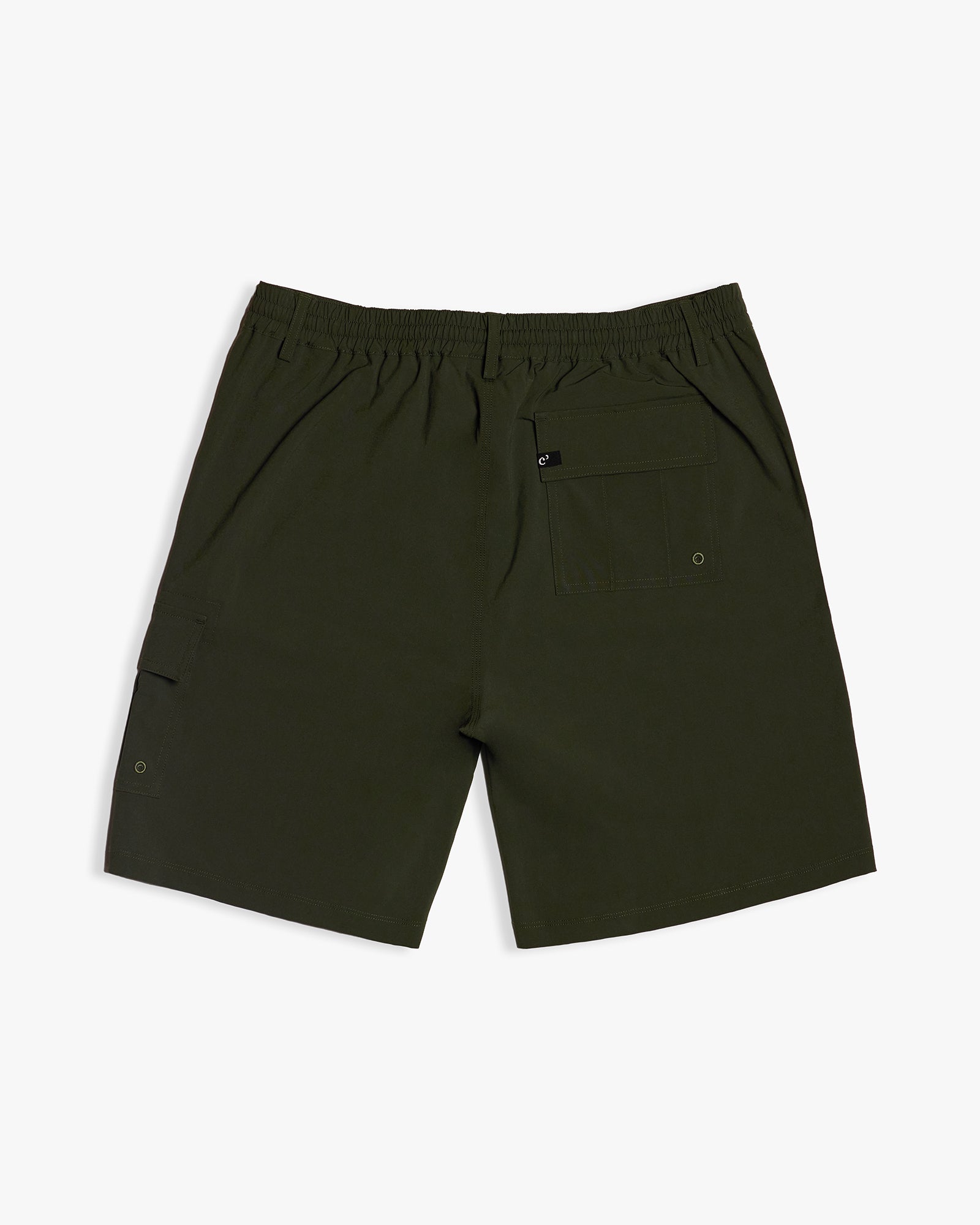 The Board Shorts in khaki — back view featuring an elasticated waistband and pocket