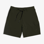 The Board Shorts in khaki — front view showing the black drawstring and side cargo pocket