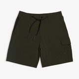 The Board Shorts in khaki — front view showing the black drawstring and side cargo pocket