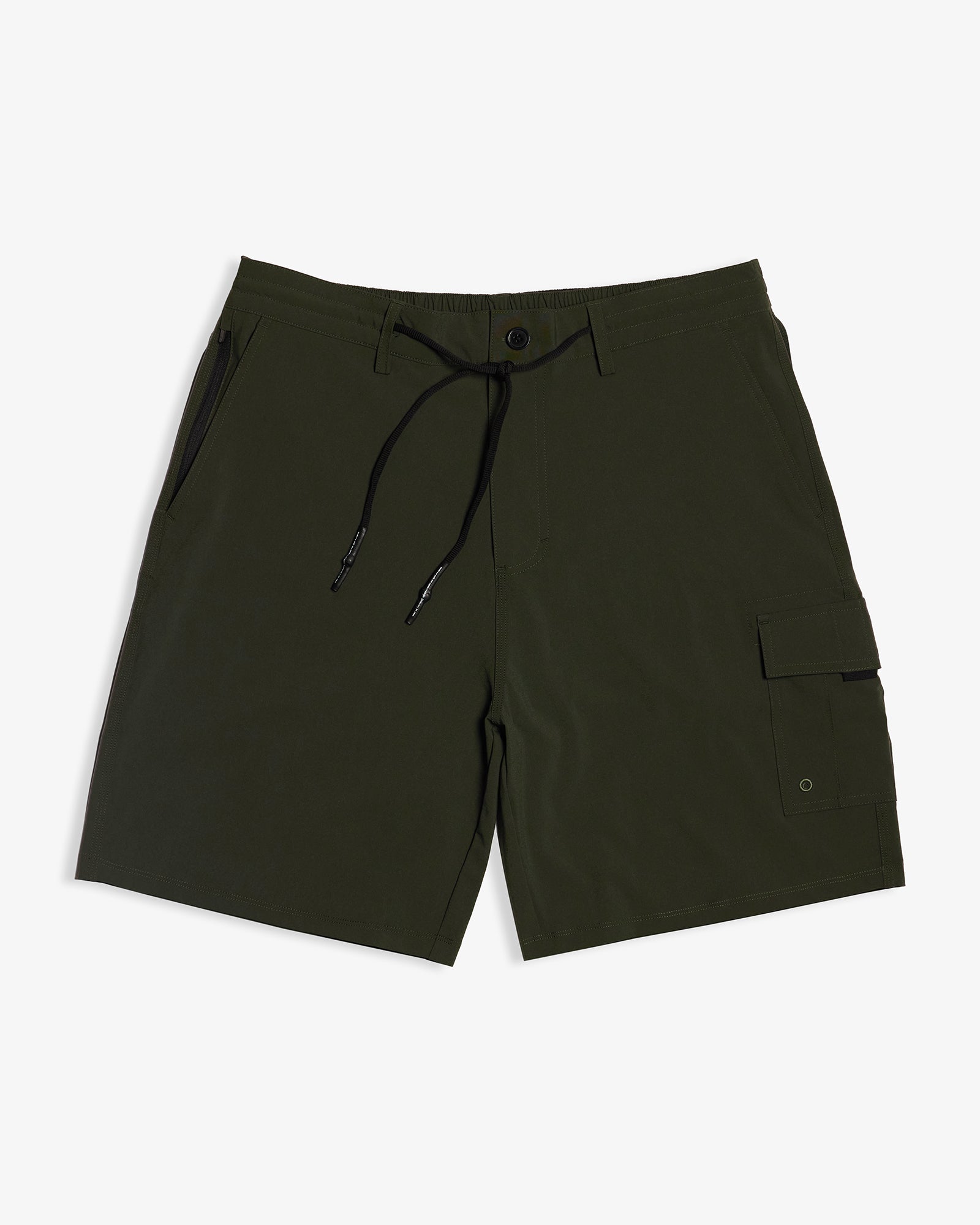 The Board Shorts in khaki — front view showing the black drawstring and side cargo pocket