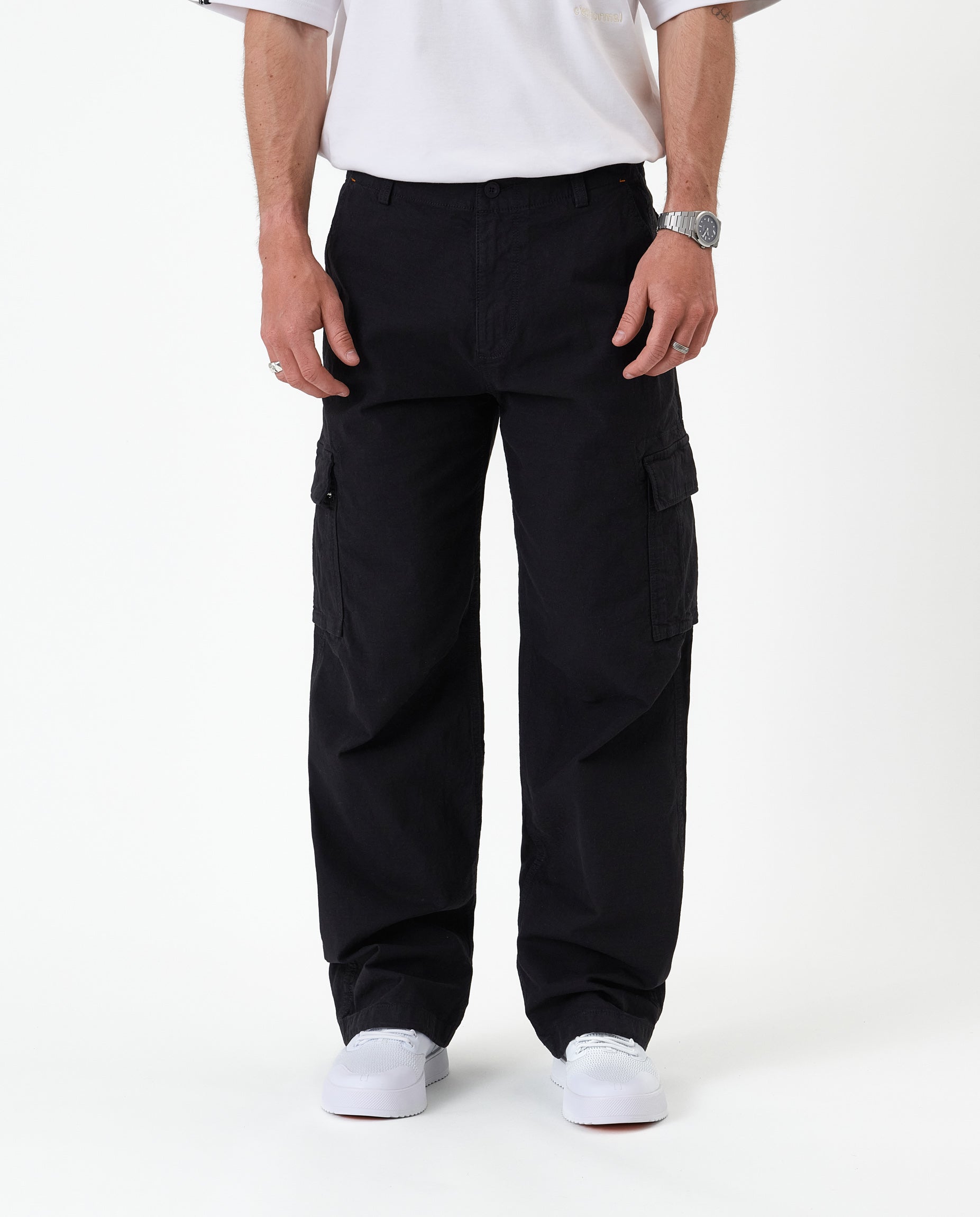 The Monterey Cargo Pant in Black — front view showing the relaxed straight fit