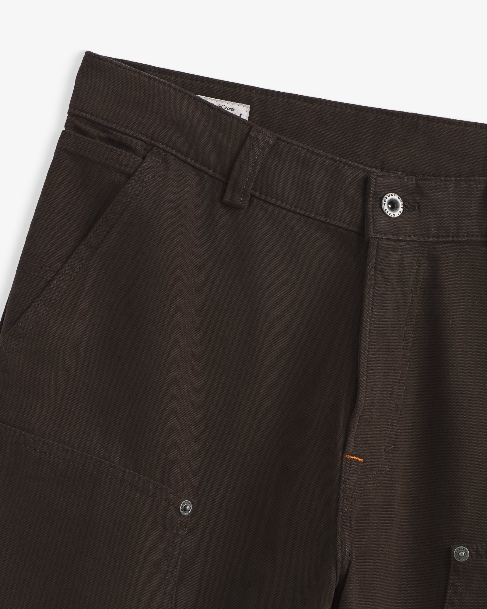 The Carpenter Pants in brown — close-up of the waistband and button closure