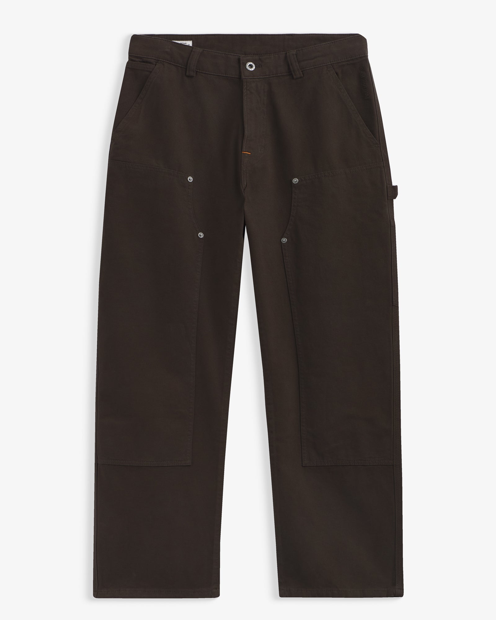 The Carpenter Pants in brown — front view showing copper-toned rivets