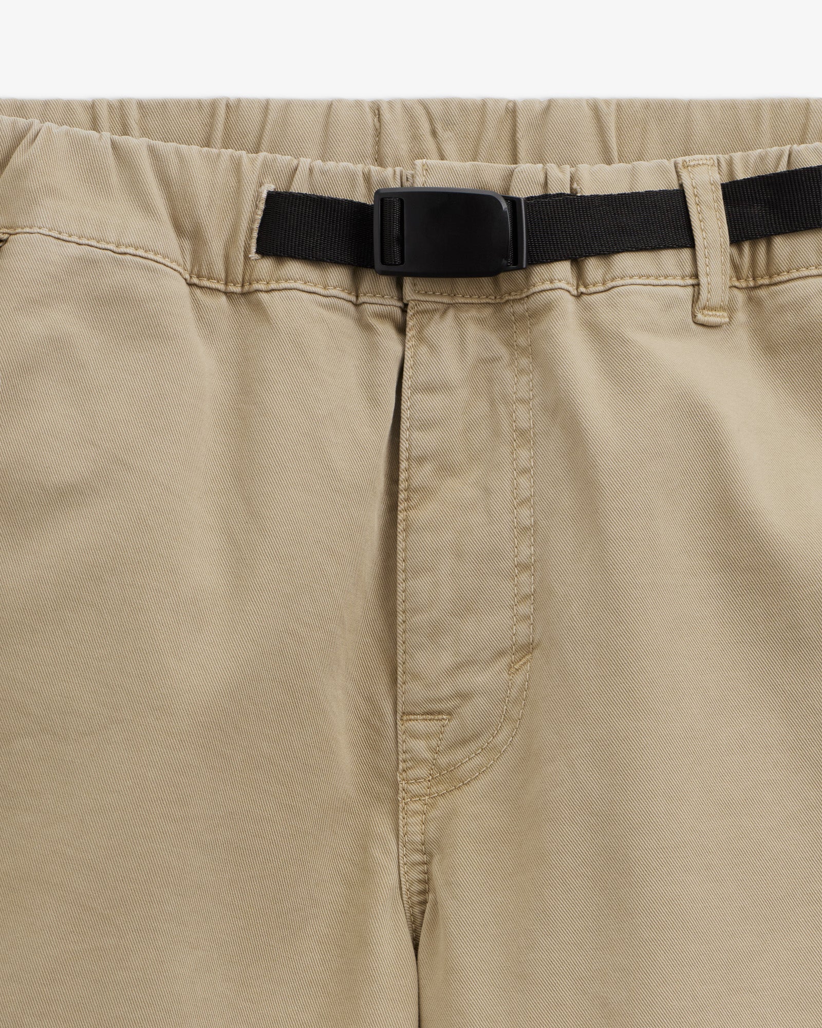 The Chamonix Chino in khaki — close-up of the waistband with a built-in belt