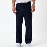 The Daily Linen Trouser in navy — front view showing the straight leg silhouette