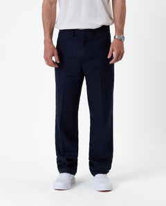 The Daily Linen Trouser in navy — front view showing the straight leg silhouette