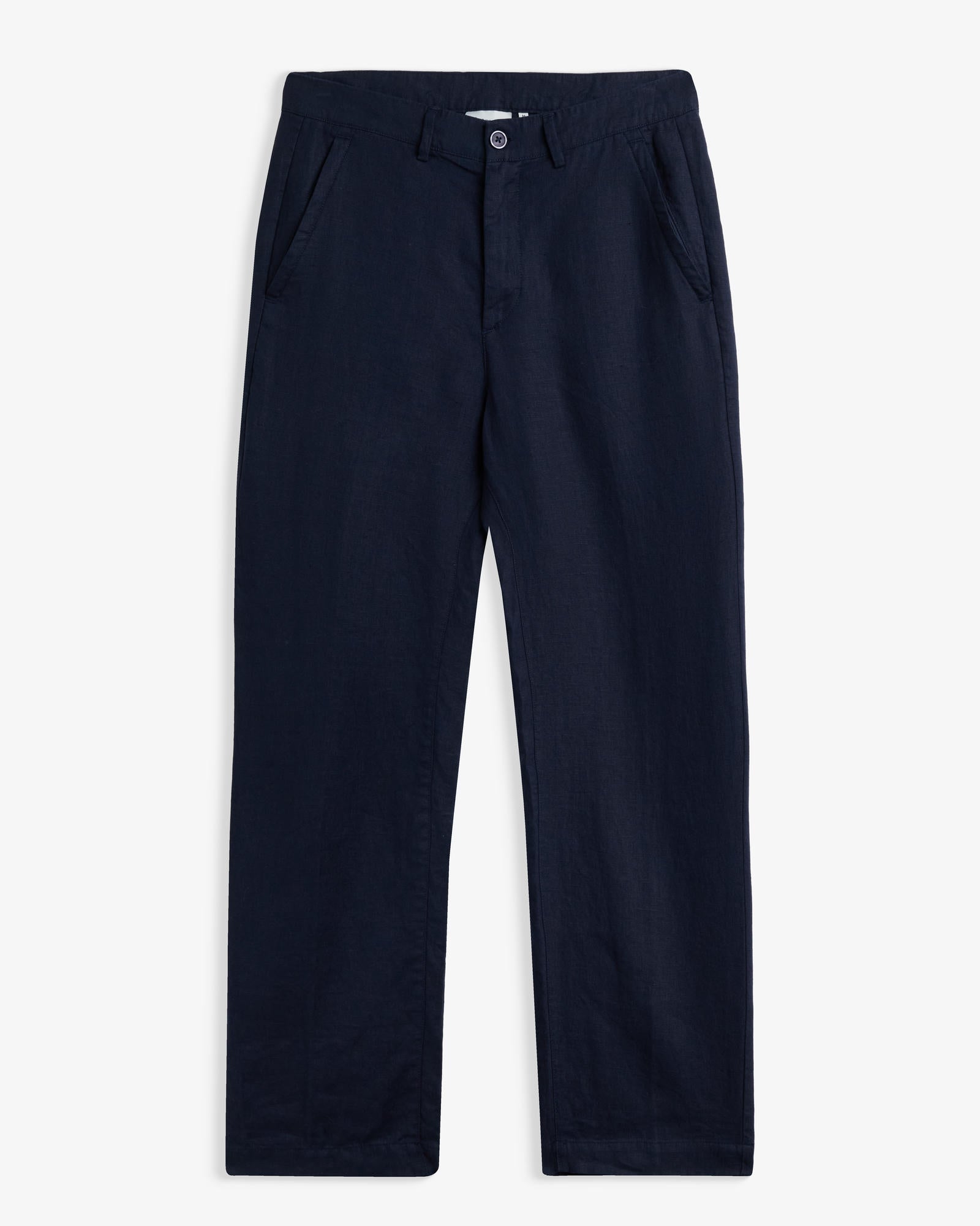 The Daily Linen Trouser in navy — front view showing the straight leg silhouette