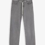 The Jeans Relaxed Straight Fit in light grey — front view with a white cord belt