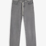 The Jeans Relaxed Straight Fit in light grey — front view with a white cord belt