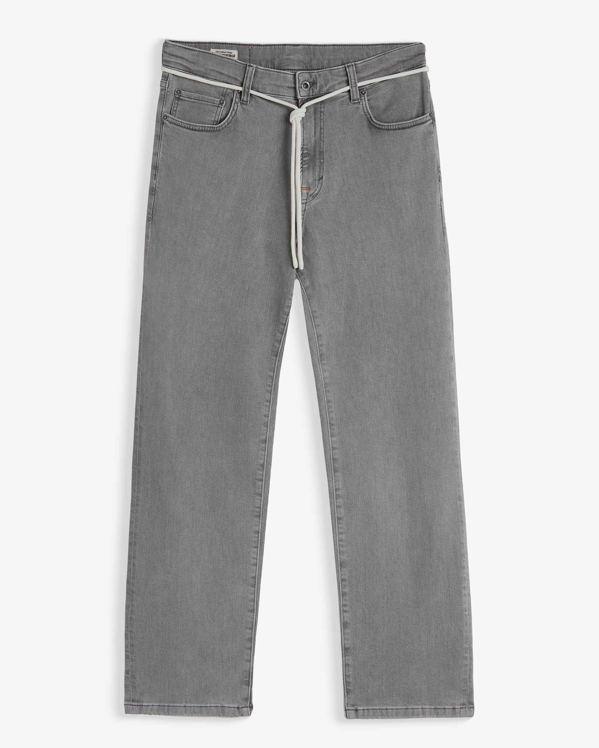 The Jeans Relaxed Straight Fit in light grey — front view with a white cord belt